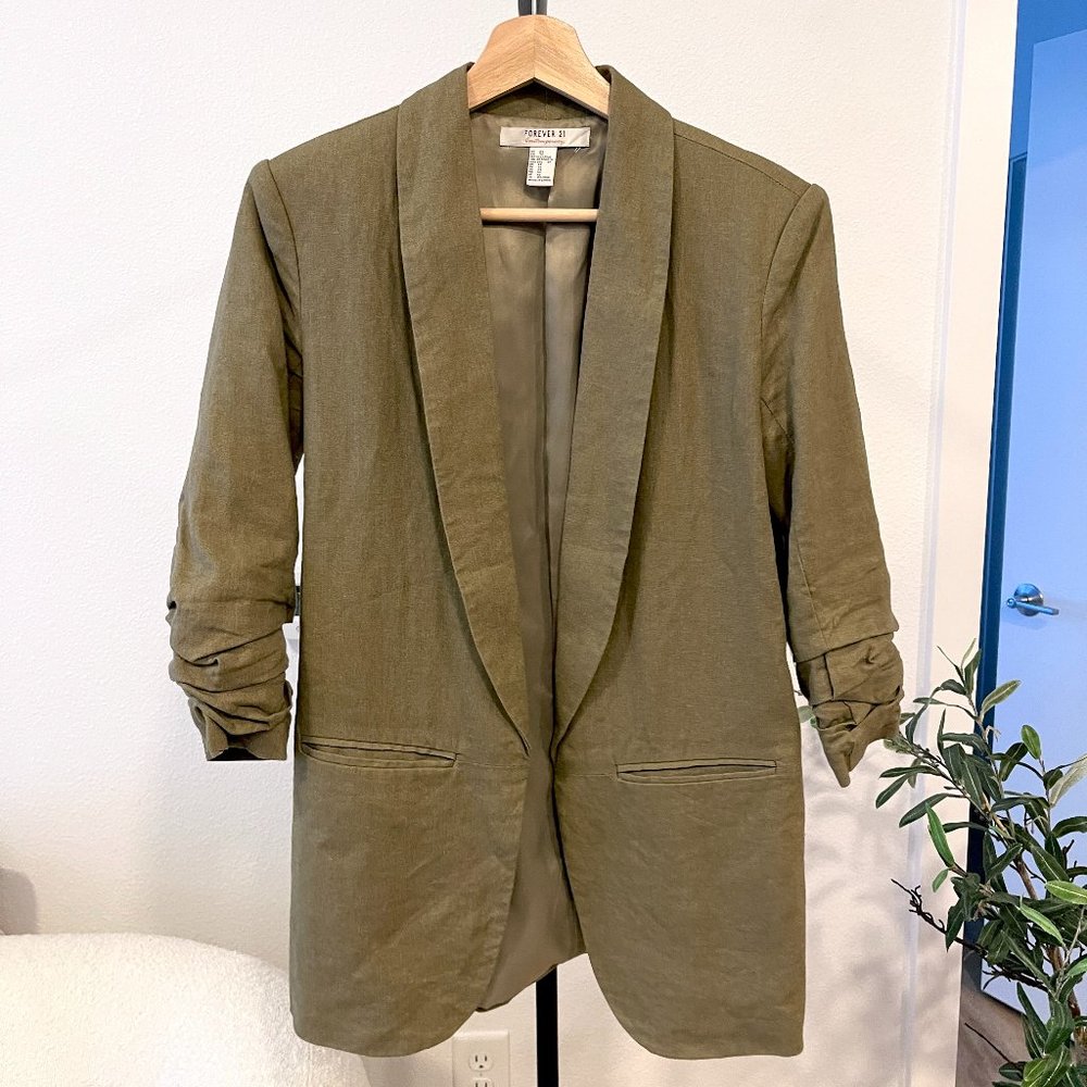 Forever 21 Linen Scrunch Sleeve Blazer Olive Green | XS